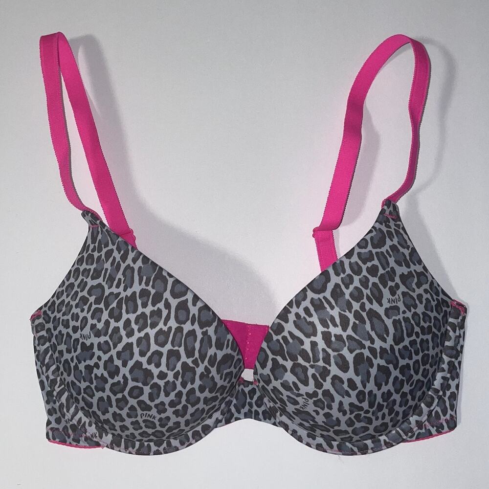 PINK Victoria's Secret Gray Leopard Bra with Hot Pink Straps